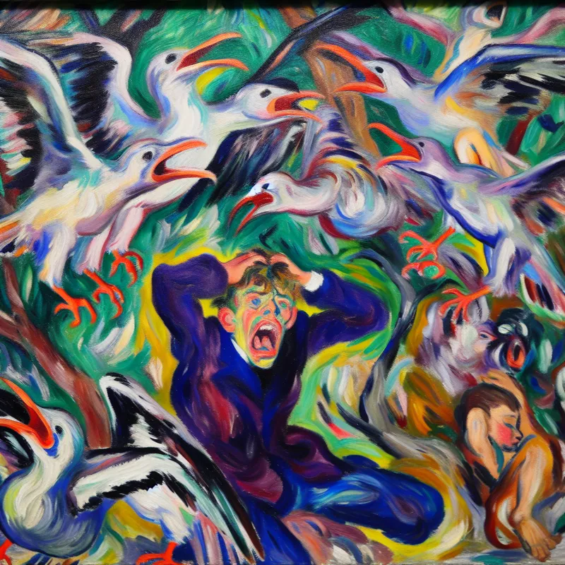 Abstract expressionistische schilderij met vogels in opwinding en een verdrietig kind dat zijn armen opheft.